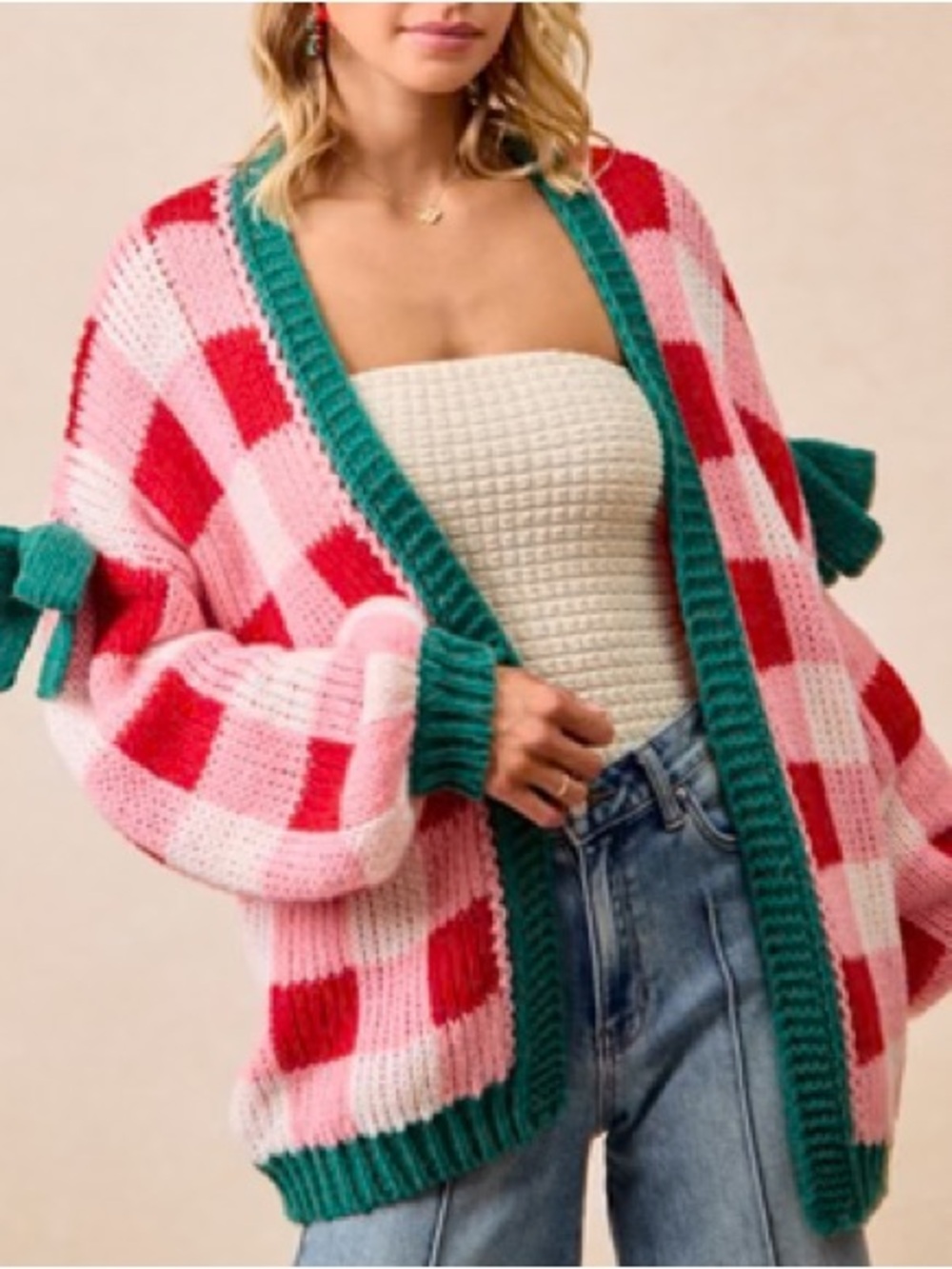 🎀 BIBI Pink Red Checkered Bow Cardigan Sweater Green Trim L NWT